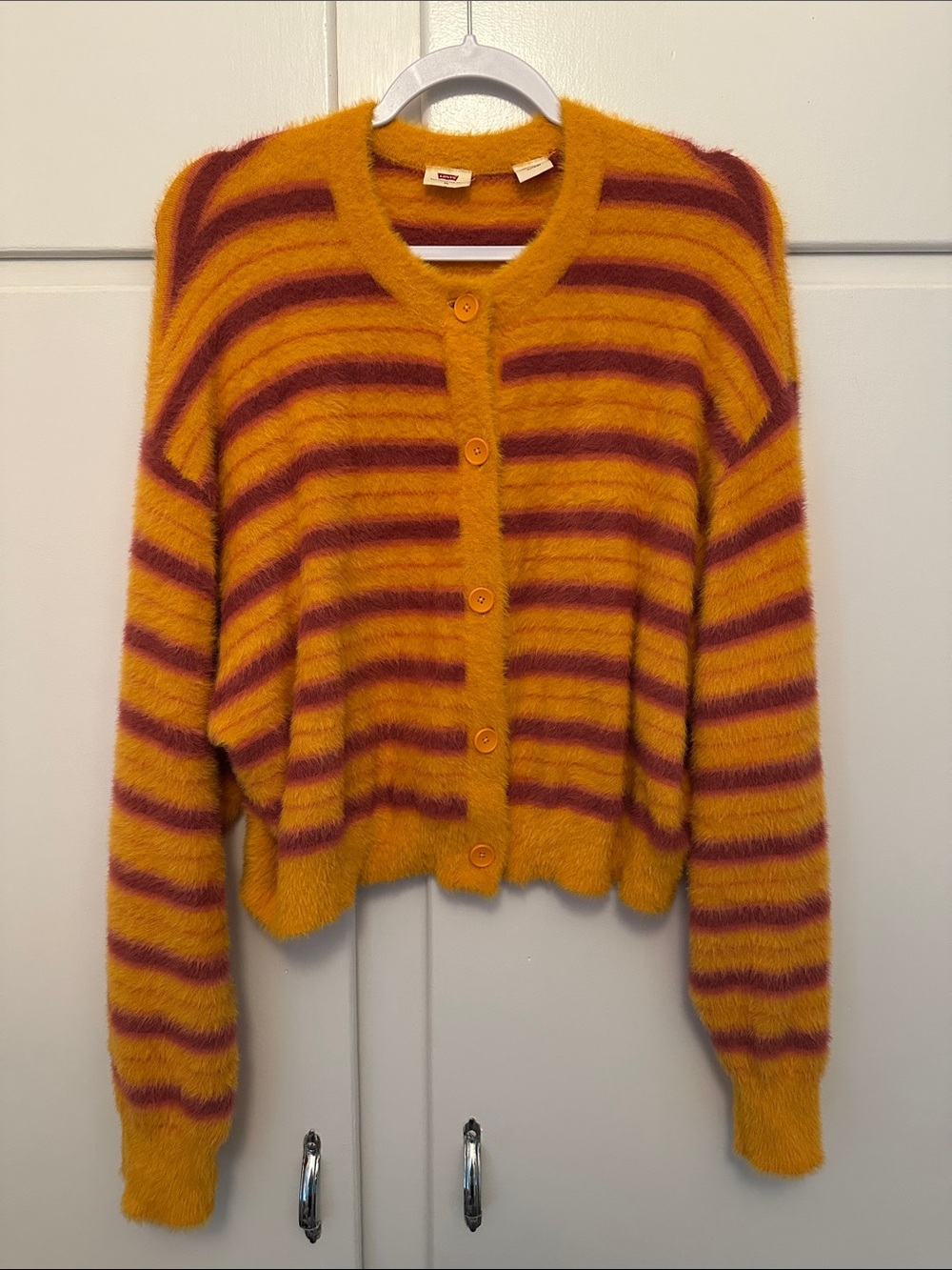 LIKE NEW Levi’s Fuzzy Stripe Button-Front Cardigan Sweater - Orange Pink Purple